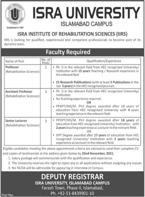 Isra University Faculty Staff Jobs Job Advertisement Pakistan