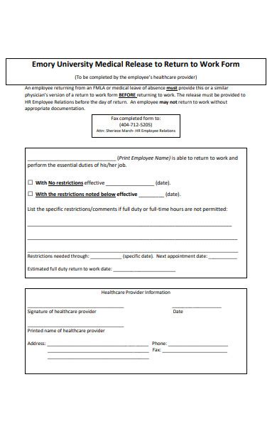 Return To Work Release Form