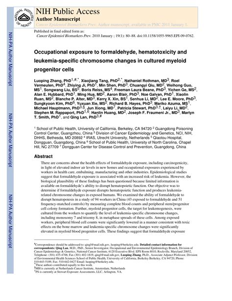 Pdf Research Article Occupational Exposure To Formaldehyde