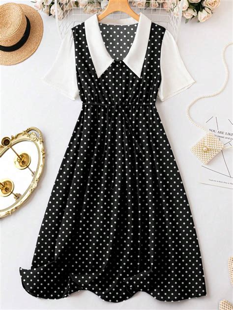 Shein Clasi Plus Polka Dot Print Contrast Collar Dress Shein Usa