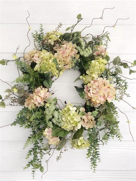 Spring Wreath Summer Wreath Pink And Green Hydrangea Wreath Etsy