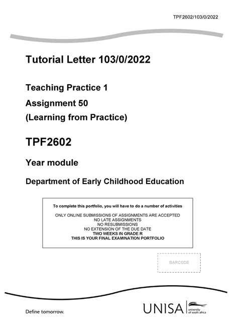 TPF 50 Teaching Practice Assignment 50 Document TPF2602 103 0