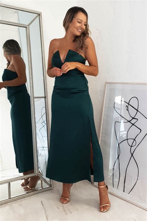 Louvre Strapless Satin Midi Dress Emerald Green