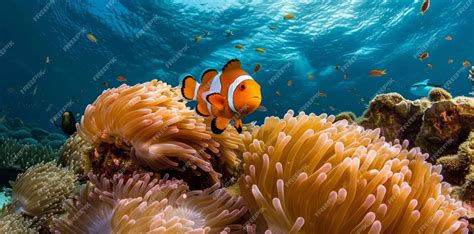 Premium Photo | Clown Fish Swims Over Coral Reef