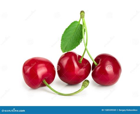 Sweet Red Cherries With Leaves Isolated On White Background Macro Stock