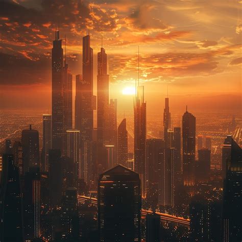 A Futuristic Metropolis Skyline Bathed In The Warm Glow Of Artificial