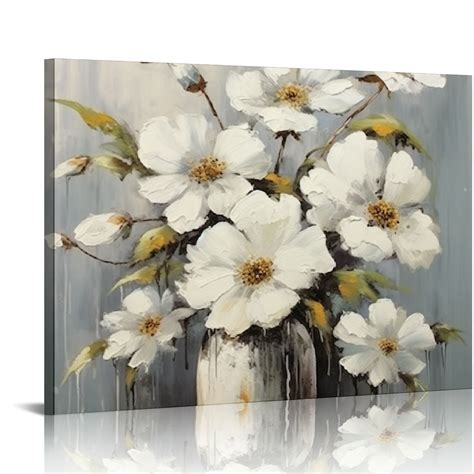 COMIO Wall White Art Grey Pictures Flower Decor Bathroom Canvas Gray