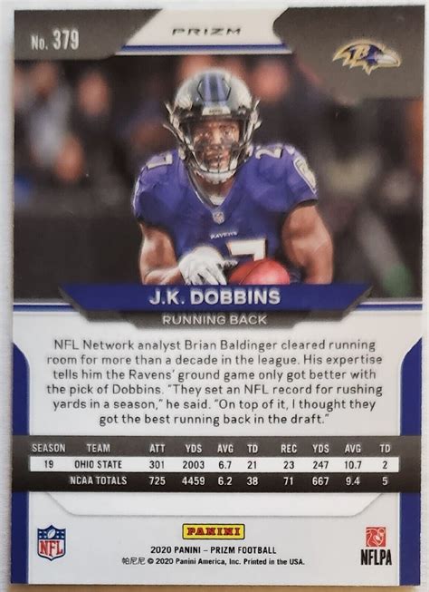 2020 Panini Prizm JK Dobbins Light Blue Prizm 379 Rookie RC