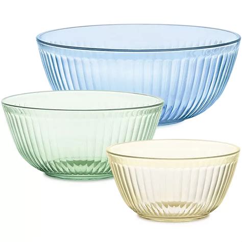 Pyrex Sculpted Tinted 3 Piece Glass Mixing Bowl Set 13qt Amber23qt Green45qt Blue Brickseek