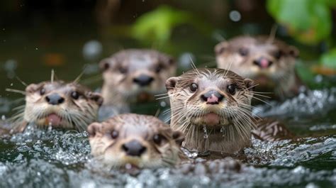 Premium Photo | Group of wet Asian smallclawed otters swimming in water