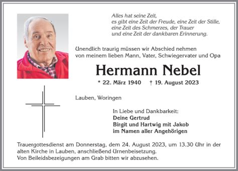 Traueranzeigen von Hermann Nebel Allgäuer Zeitung