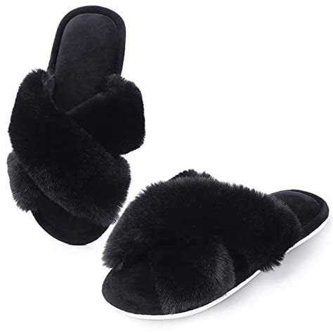 Ha Emore Fuzzy Cross Band Slippers Soft Plush Furry House Shoes Open