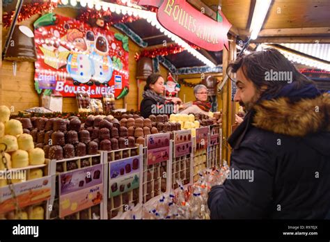 Stalls Of Traditional Food In Christmas Market In Strasbourg The