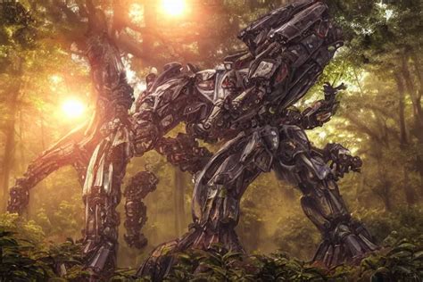 Ancient Mecha Walking Through The Forest Looking Up A Stable