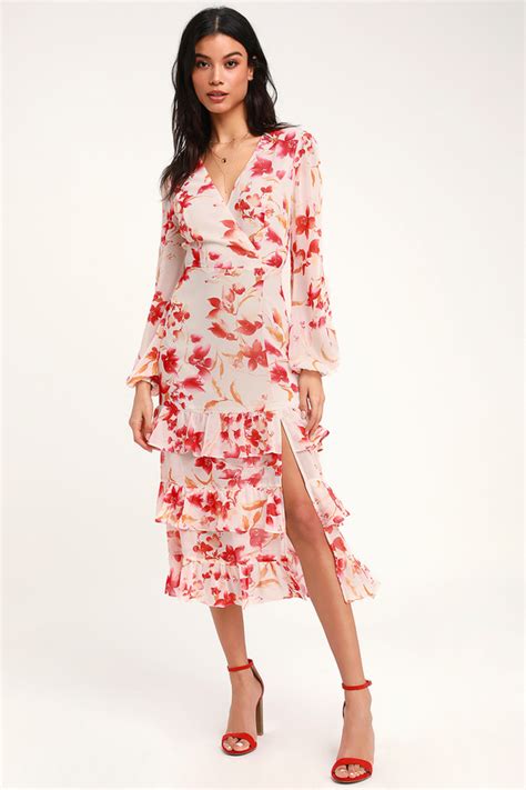 Lovely Cream Floral Print Dress Long Sleeve Dress Midi Dress Lulus