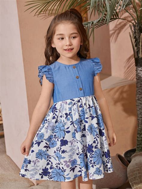 SHEIN Kids SUNSHNE Toddler Girls 1pc Floral Print Ruffle Trim Button ...