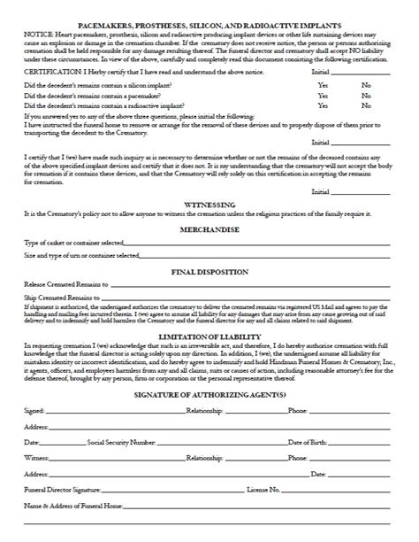 Cremation Form Zeigler Funeral Homes And Crematory Inc