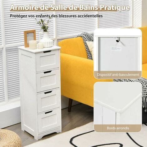 COSTWAY Meuble Salle De Bain 4 Tiroirs Commode Salle De Bain Blanc