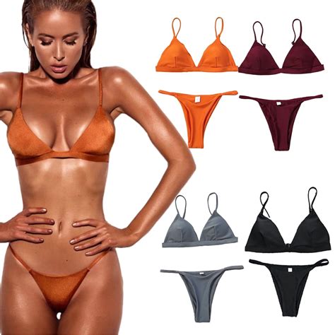 WOLLED Women Two Piece Beach Swimsuit Halter Triangle Bikini Set Solid