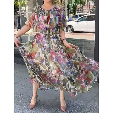 Damen Lässiges Kleid Blumen Chiffon Kleid Schaukelkleid