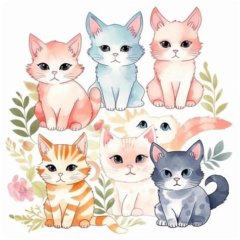 Uma Ilustra O Em Aquarela De Gatos Em Cores Diferentes Foto Premium