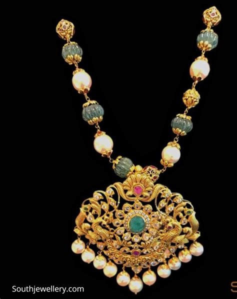 Emerald Beads Necklace With Peacock Pendant Indian Jewellery Designs