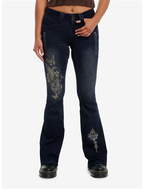 Dark Indigo Butterflies And Skulls Low Rise Girls Flare Jeans Hot Topic