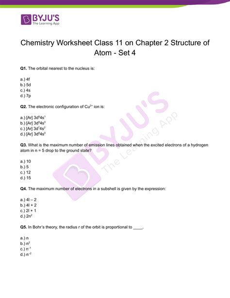 Class 11 Chemistry Worksheet On Chapter 2 Structure Of Atom Set 4