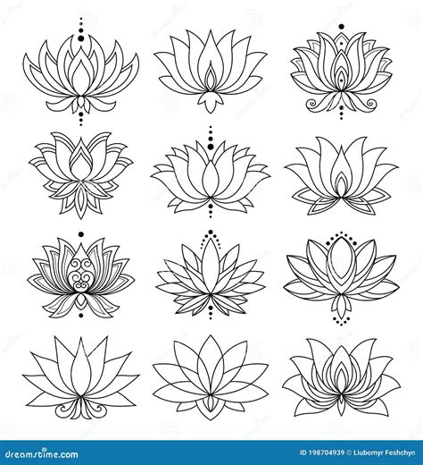 Lotus Icons Set Blooming Flowers Monochrome Blooming Plants Various