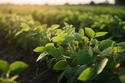 Um campo de soja o sol brilhando através das folhas Foto Premium