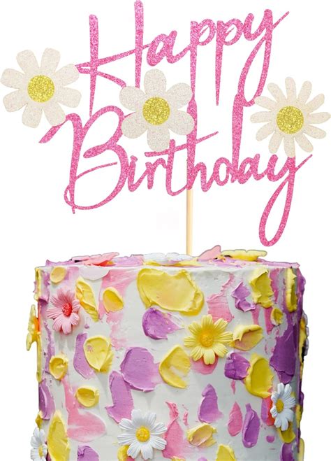 Arthsdite Daisy Flower Happy Birthday Cake Topper Pink Dasiy Flowers Cake Decor Summer