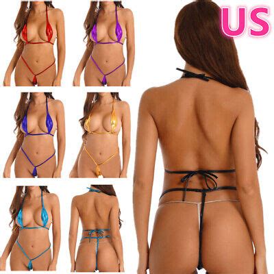 US Women S Micro Bikini Set Shiny Metallic Bra Top G String Briefs