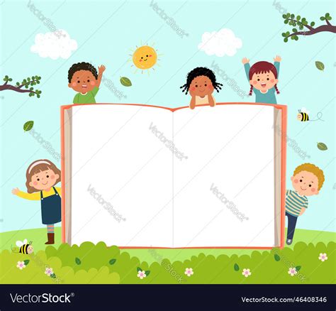 Kids With Open Book Background On The Park Vector Image