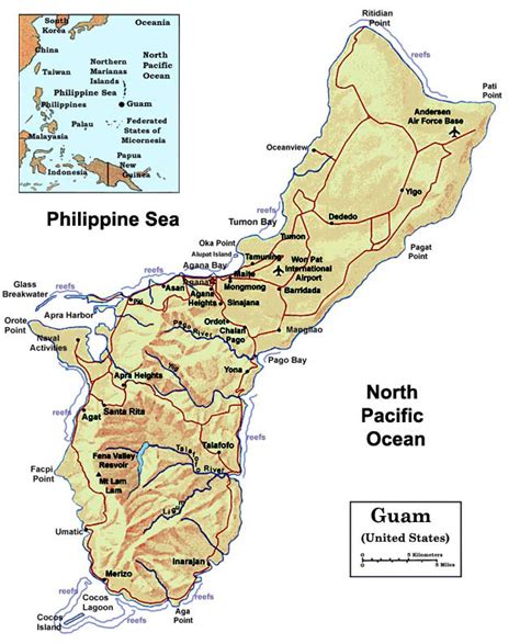 Detailed Political And Relief Map Of Guam With Roads Cities And