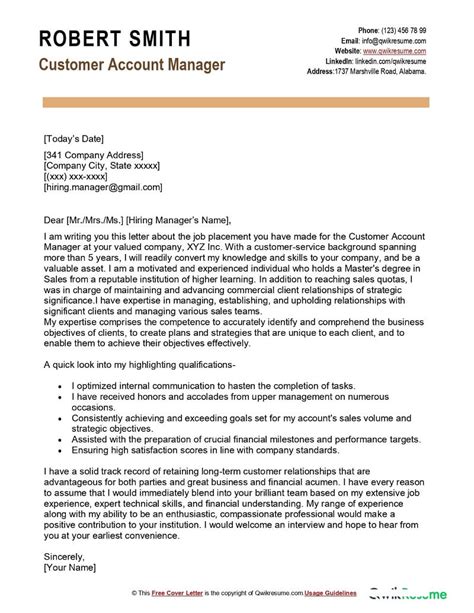 Customer Account Manager Cover Letter Examples Qwikresume