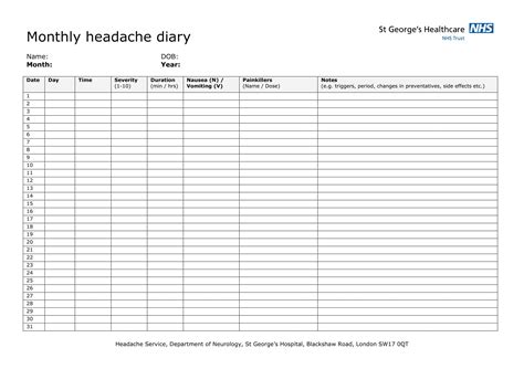 Free Printable Headache Diary Templates PDF Excel