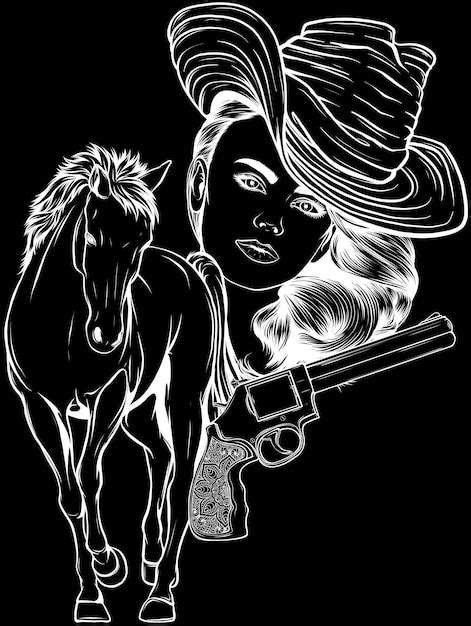 Premium Vector Black And White Cowgirl Vector Illustration