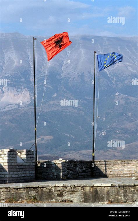 The Albanian And Eu Flags Flying Side By Side At Gjirokastra Castle