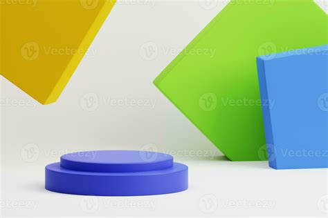 D Render Blue Cylinder Display Podium With Rotated Square Shaped