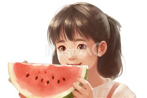 スイカを食べる女の子イラスト No 24033595／無料イラストフリー素材なら「イラストac」