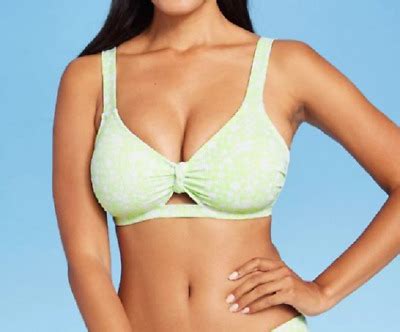 NEW Xhilaration Juniors Ribbed Knot Front Bikini Top Green Floral Size