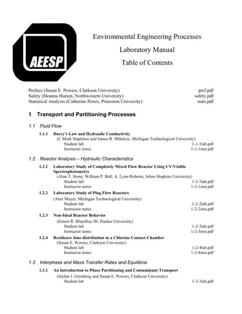 Environmental Engineering Processes Laboratory Manual Table Of