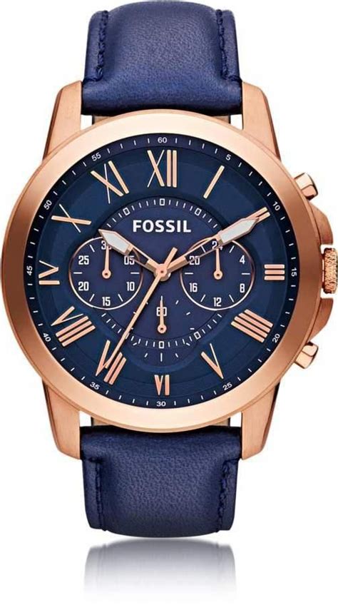 Fossil Grant Chronograph Rose Gold Tone Stainless Steel Case And Navy Blue Leather Strap Me