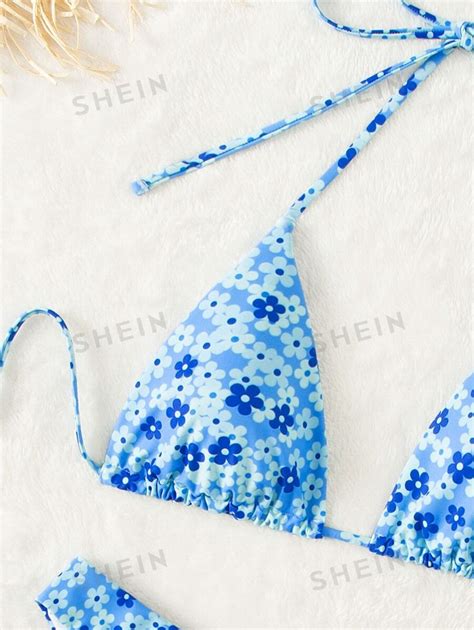 SHEIN Swim Summer Beach Ditsy Floral Bikini Set Halter Triangle Bra Top