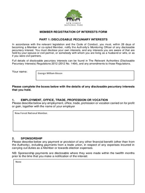 Fillable Online Members Register Of Interests Form Fax Email Print