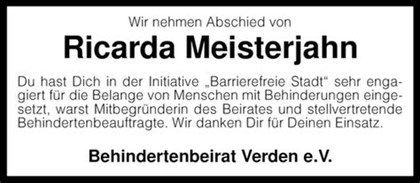 Traueranzeigen Von Ricarda Meisterjahn Trauer Kreiszeitung De