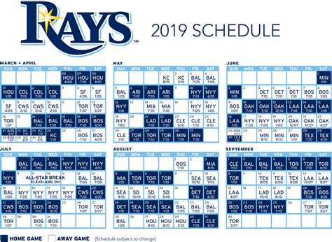 Tampa Bay Rays Printable Schedule