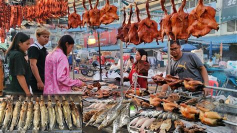 Cambodian Street Food Scene Of Grilled Meat For Dinner Orussey Market