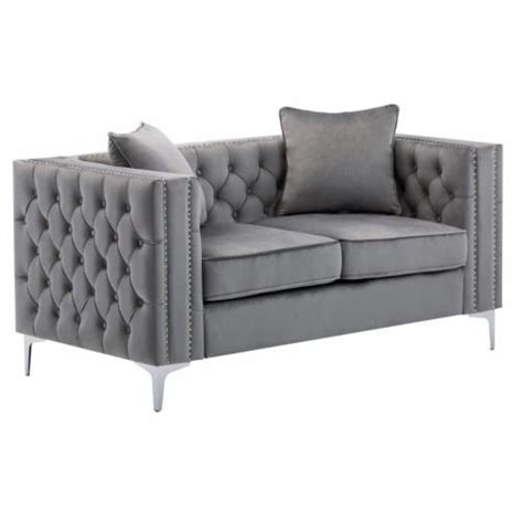 LILOLA Lorreto Gray Button Tufted Velvet Fabric Glam Loveseat 1 Fred