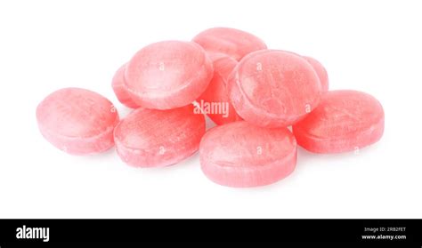 Many Pink Cough Drops On White Background Stock Photo Alamy